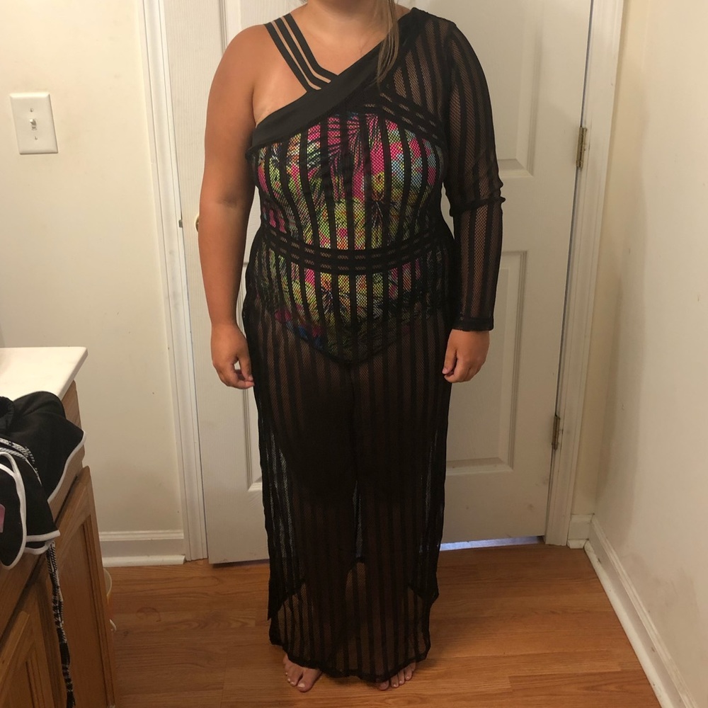 Sheer Black One-Shoulder Striped Swim Cover-Up